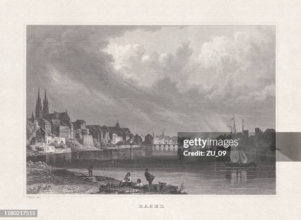 historical view of basel, switzerland, steel engraving, published in 1860 - rhine river stock illustrations