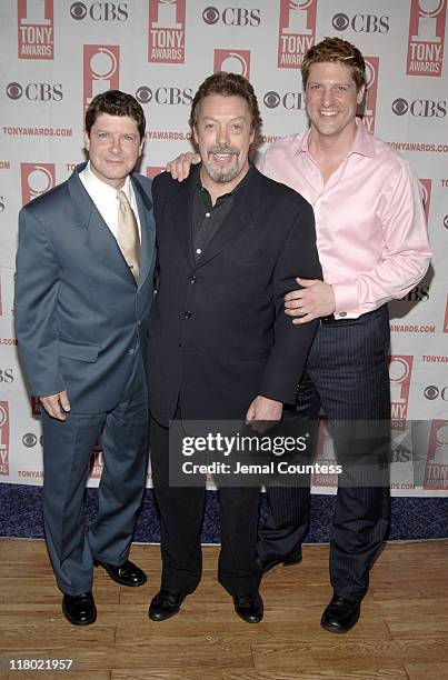 Michael McGrath, Tim Curry and Christopher Sieber during 59th Annual Tony Awards - "Meet The Nominees" Press Reception at The View at The Marriot...