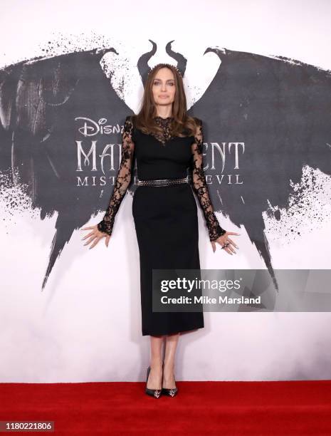 Angelina Jolie attends a photocall for "Maleficent: Mistress of Evil" at Mandarin Oriental Hotel on October 10, 2019 in London, England.