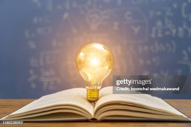 light bulbs glowing with book - wise stock pictures, royalty-free photos & images