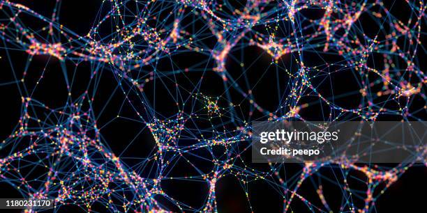 futuristic large abstract network of multi-coloured spheres with selective focus - wire bonding stock pictures, royalty-free photos & images