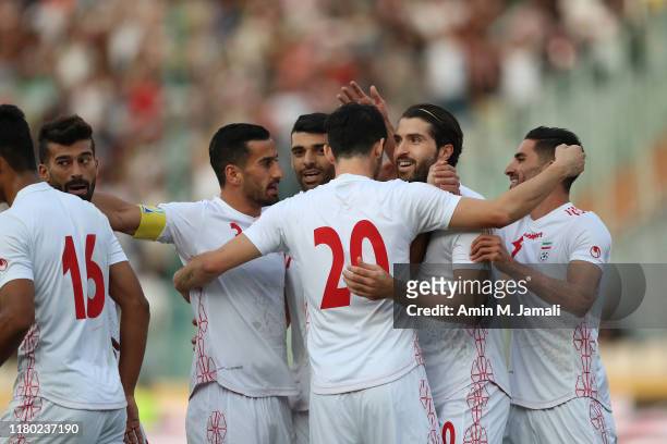 Iranian Players celebrate after sixth goal during FIFA World Cup Qualifier match between Iran v Cambodia at Azadi Stadium on October 10, 2019 in...