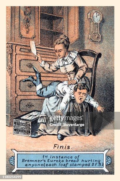 Victorian trade card for a bread / cracker DF Bremners Crackers 'Finis,' 1889. The image shows a boy being spanked for stealing the crackers and...