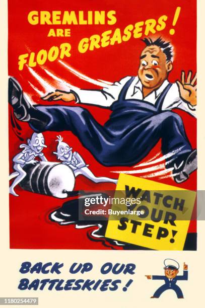 Gremlins are floor greasers, 1943. Watch your step. Back up our battleskies. Office for Emergency Management. War Production Board. .