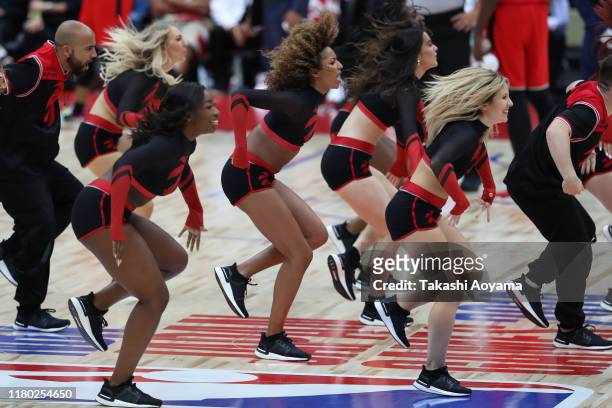 Toronto Raptors cheerleaders perform during the preseason game between Toronto Raptors and Houston Rockets at Saitama Super Arena on October 10, 2019...