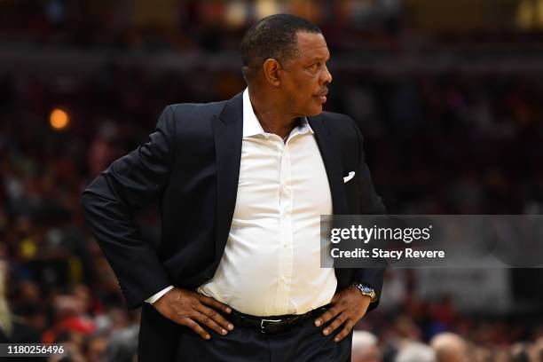 Head coach Alvin Gentry of the New Orleans Pelicans watches action during a preseason game against the Chicago Bulls at the United Center on October...