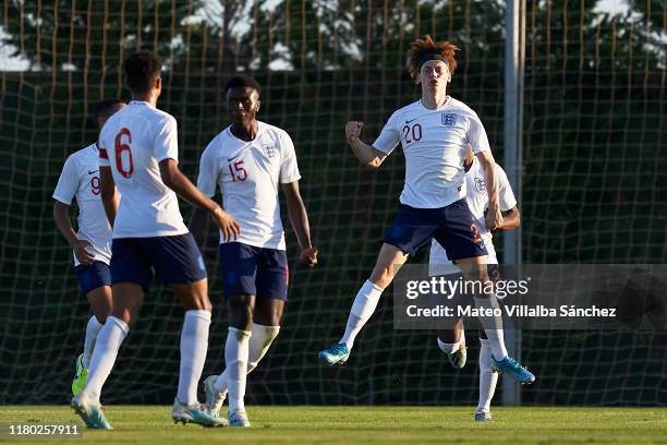 Nathan Young-Coombes of U17 England celebrates after scoring his team's third goal during the International Friendly match between U17 England and...