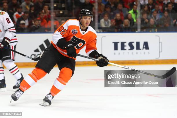 Connor Bunnaman of the Philadelphia Flyers watches for the puck during the NHL Global Series Challenge 2019 match between the Chicago Blackhawks and...