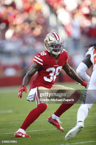 Antone Exum Jr. #38 of the San Francisco 49ers defends during the game against the Cleveland Browns at Levi's Stadium on October 7, 2019 in Santa...