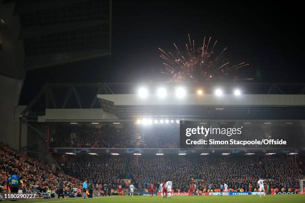 General view as fireworks go off during the UEFA Champions League group E match between Liverpool FC and KRC Genk at Anfield on November 5, 2019 in...