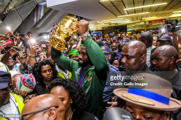 Siya Kolisi of the Springboks during the South African national rugby team arrival media conference at OR Tambo International Airport on November 05,...
