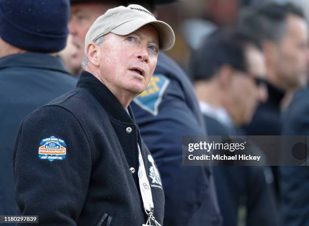 Purdue University President Mitch Daniels is seen during the game against the Nebraska Cornhuskers at Ross-Ade Stadium on November 2, 2019 in West...