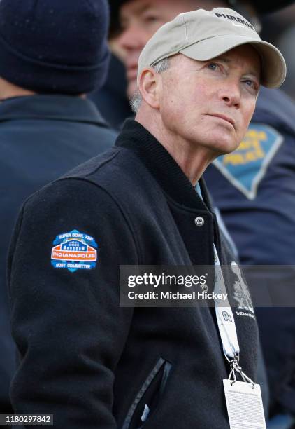 Purdue University President Mitch Daniels is seen during the game against the Nebraska Cornhuskers at Ross-Ade Stadium on November 2, 2019 in West...