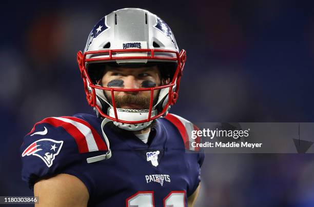 Julian Edelman of the New England Patriots looks on prior to the game against the New York Giants at Gillette Stadium on October 10, 2019 in...