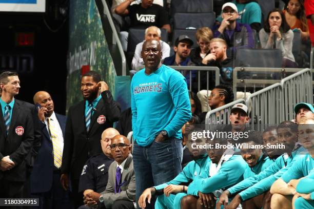 Legend and Charlotte Hornets Owner, Michael Jordan looks on during a game between the Indiana Pacers and the Charlotte Hornets on November 5, 2019 at...