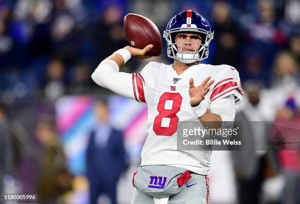 Daniel Jones of the New York Giants warms up prior to the game against the New England Patriots at Gillette Stadium on October 10, 2019 in...