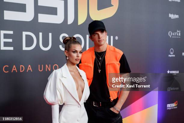 Jessica Goicoechea and River Viiperi pose on the red carpet during the premiere of 'Messi 10' by Cirque du Soleil on October 10, 2019 in Barcelona,...