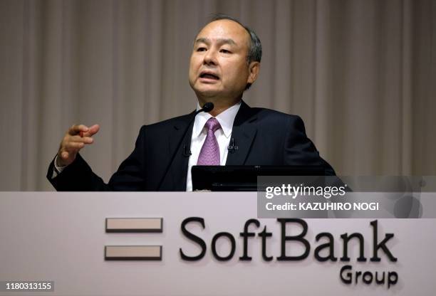 Japan's SoftBank Group CEO Masayoshi Son answers questions during a press conference on the company's financial results in Tokyo on November 6, 2019....