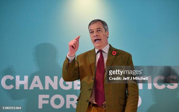 Brexit party leader Nigel Farage attends an election campaign event at Washington Central Hotel on November 6, 2019 in Workington, England. The UK’s...
