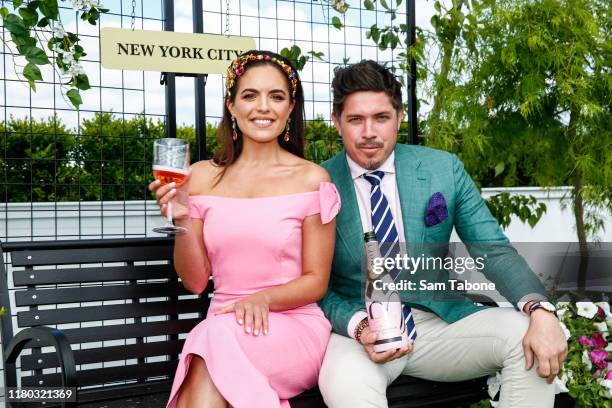 Olympia Valance and Tommy McIntosh during a preview ahead of the 2019 Caulfield Cup Carnival at Caulfield Racecourse on October 11, 2019 in...