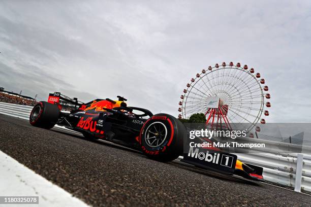 Max Verstappen of the Netherlands driving the Aston Martin Red Bull Racing RB15 on track during practice for the F1 Grand Prix of Japan at Suzuka...