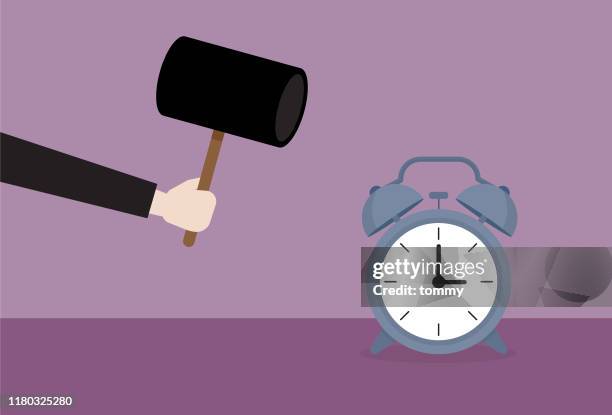 businessman with hammer smashing clock - broken clock stock illustrations