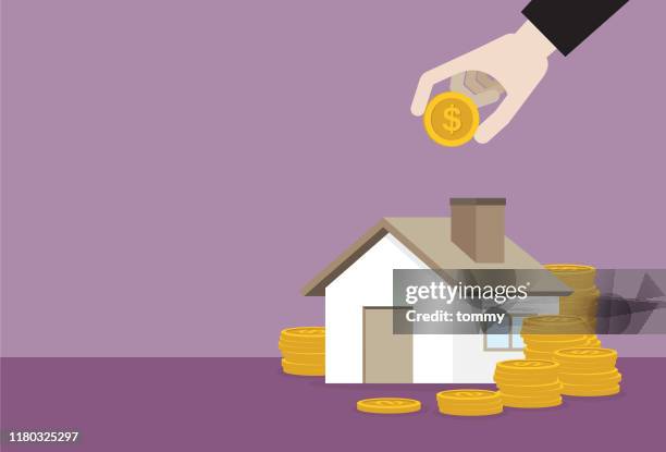businessman putting dollar coin into a house - us coin stock illustrations