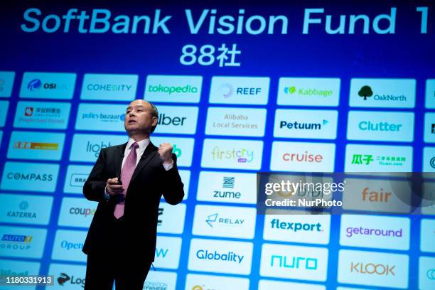 SoftBank Group Corp. Chairman and Chief Executive Officer Masayoshi Son speaks during a press conference on November 6, 2019 in Tokyo, Japan....