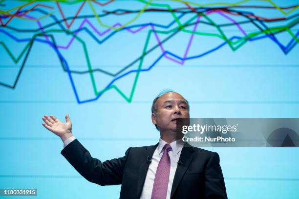 SoftBank Group Corp. Chairman and Chief Executive Officer Masayoshi Son speaks during a press conference on November 6, 2019 in Tokyo, Japan....