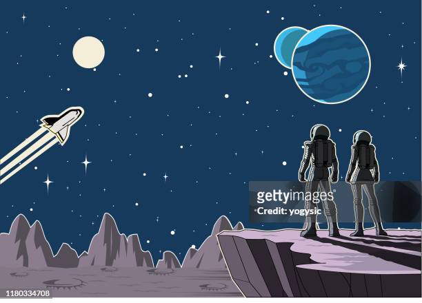 illustrazioni stock, clip art, cartoni animati e icone di tendenza di vector retro astronaut couple on a planet illustration - spazio cosmico