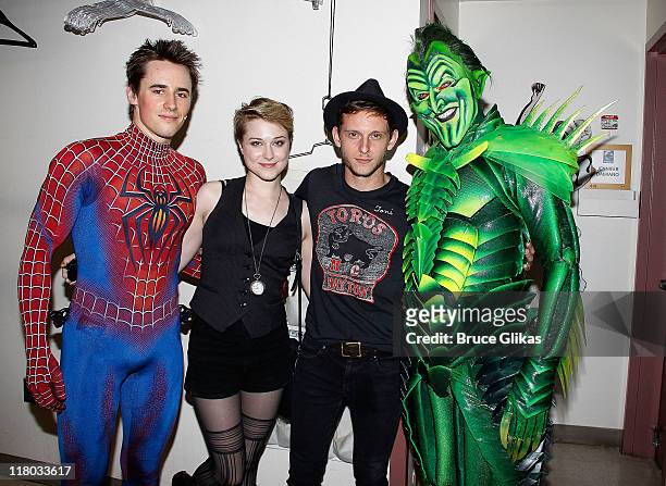 Reeve Carney as "Spider-Man", Evan Rachel Wood, boyfriend Jamie Bell and Patrick Page as "The Green Goblin" pose backstage at the hit musical...