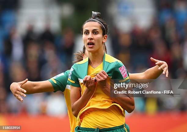 Leena Khamis of Australia celebrates her goal during the FIFA Women's World Cup 2011 Group D match between Australia and Equatorial Guinea at the...