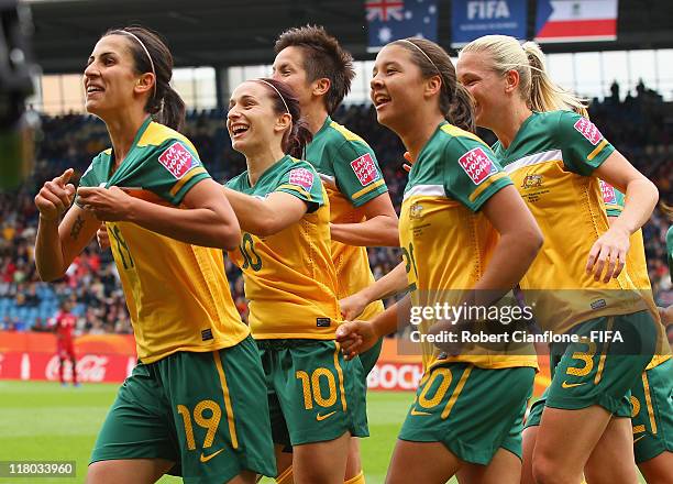 Leena Khamis of Australia celebrates her goal during the FIFA Women's World Cup 2011 Group D match between Australia and Equatorial Guinea at the...