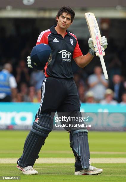 Alastair Cook of England celebrates making a century during the 3rd Natwest One Day International Series match between England and Sri Lanka at...