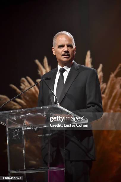 82nd Attorney General of the U.S. Eric Holder speaks onstage during City Of Hope Spirit Of Life Gala 2019 on October 10, 2019 in Santa Monica,...