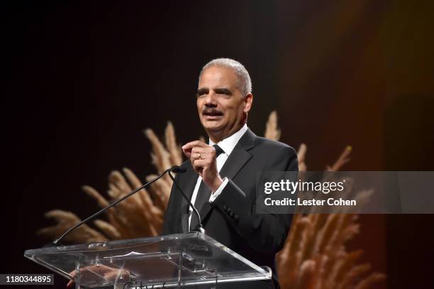 82nd Attorney General of the U.S. Eric Holder speaks onstage during City Of Hope Spirit Of Life Gala 2019 on October 10, 2019 in Santa Monica,...