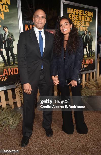 Cory Booker and Rosario Dawson attend the premiere of Sony Pictures' "Zombieland Double Tap" at The Regency Village Theatre on October 10, 2019 in...