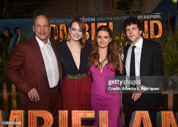 Woody Harrelson, Emma Stone, Abigail Breslin and Jesse Eisenberg attend the premiere of Sony Pictures' "Zombieland Double Tap" at The Regency Village...