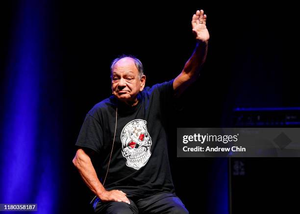 Comedian Richard "Cheech" Marin waves on stage during Cheech & Chong 'O Cannabis Tour' at Abbotsford Centre on October 10, 2019 in Abbotsford, Canada.