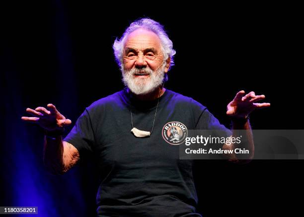Comedian Tommy Chong speaks on stage during Cheech & Chong 'O Cannabis Tour' at Abbotsford Centre on October 10, 2019 in Abbotsford, Canada.
