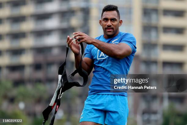 Sevu Reece of the All Blacks runs through drills during a New Zealand training session at the Arcs Urayasu Park on October 11, 2019 in Urayasu,...