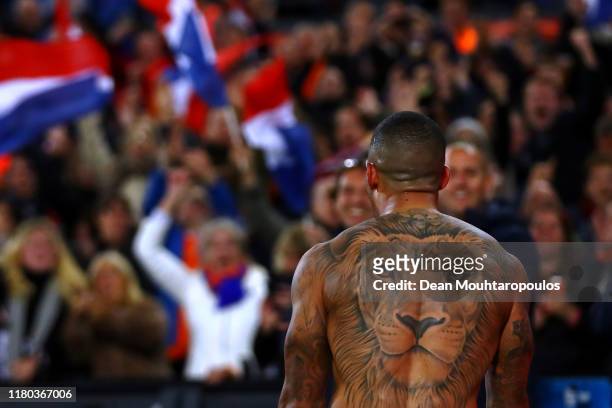 Memphis Depay of Netherlands celebrates scoring his teams third goal of the game during the UEFA Euro 2020 qualifier between Netherlands and Northern...