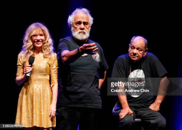 Comedy duo Tommy Chong and Richard "Cheech" Marin speak on stage during Cheech & Chong 'O Cannabis Tour' at Abbotsford Centre on October 10, 2019 in...