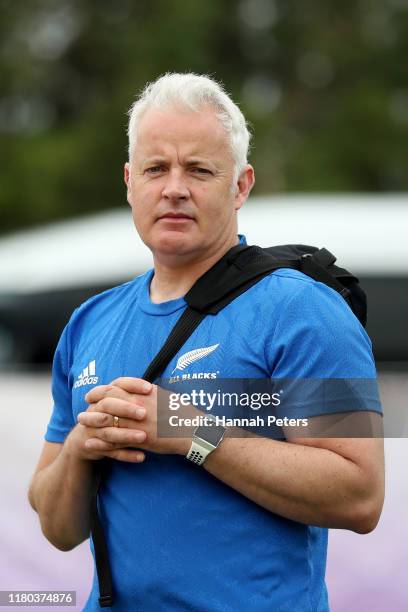 All Blacks physio Pete Gallagher looks on during a New Zealand training session at the Arcs Urayasu Park on October 11, 2019 in Urayasu, Aichi, Japan.