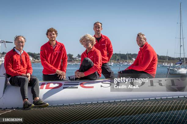 French skipper Francis Joyon and his crew members, from L to R : Francis Joyon, Corentin Joyon, Christophe Houdet, Antoine Blouet and Bertrand...