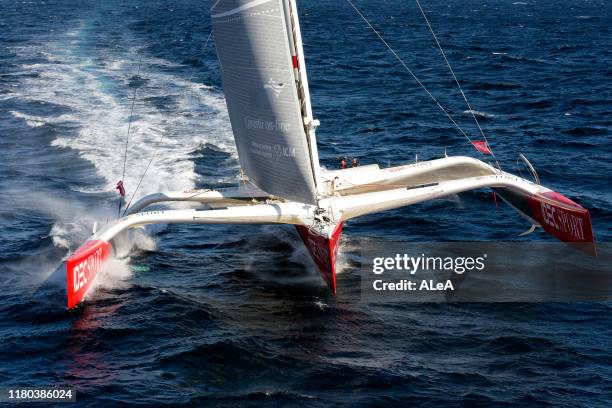 Francis Joyon trains on his Maxi Trimaran IDEC Sport with his crew, Christophe Houdet, Bertrand Delesne, Corentin Joyon and Antoine Blouet, prior to...