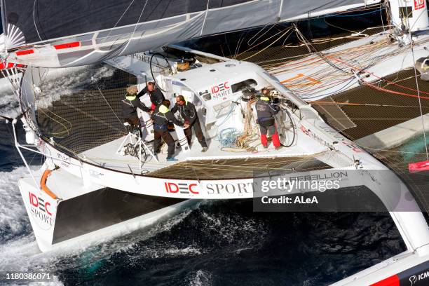 Francis Joyon trains on his Maxi Trimaran IDEC Sport with his crew, Christophe Houdet, Bertrand Delesne, Corentin Joyon and Antoine Blouet, prior to...