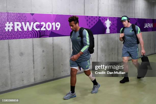 Will Genia and David Pocock of Australia arrive at the stadium prior to the Rugby World Cup 2019 Group D game between Australia and Georgia at...