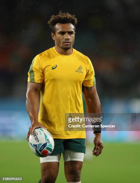 Will Genia of Australia looks on prior to the Rugby World Cup 2019 Group D game between Australia and Georgia at Shizuoka Stadium Ecopa on October...