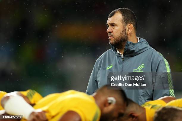 Michael Cheika, Head Coach of Australia looks on prior to the Rugby World Cup 2019 Group D game between Australia and Georgia at Shizuoka Stadium...